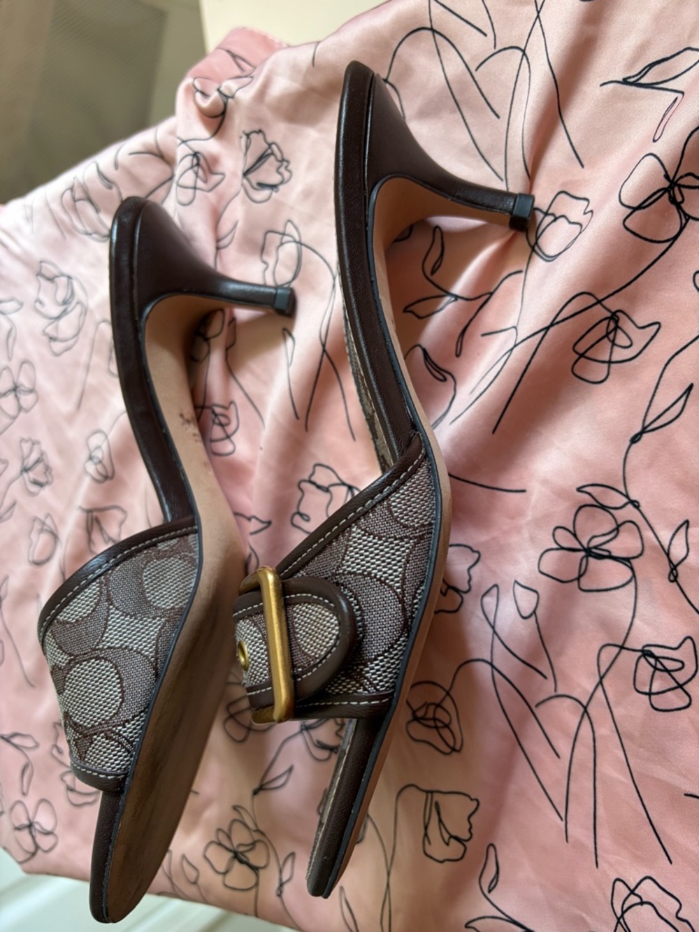 Coach Brown Logo-Print Heeled Slide with Gold Buckle - Picture 3 of 9